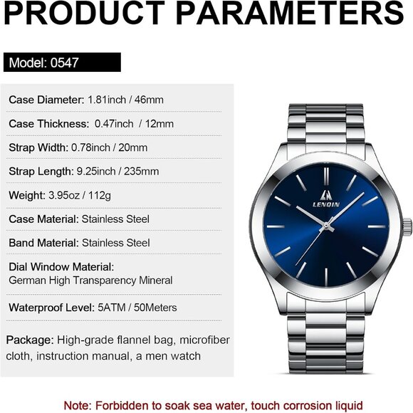 Men Silver Blue Stainless Steel Analog Quartz Fashion Business Designer Watches - Picture 8 of 10